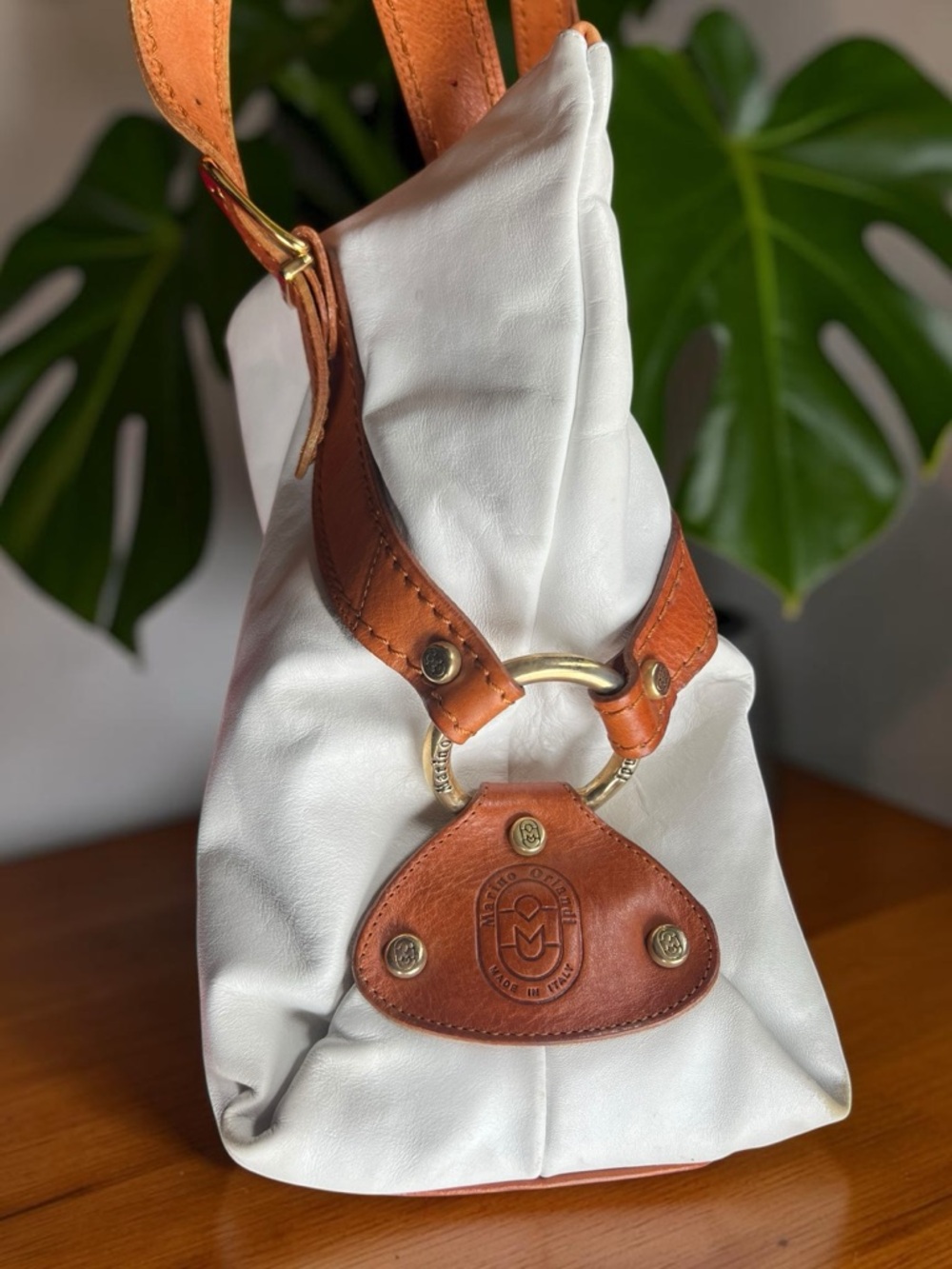 Marino Orlandi White Italian Leather Shoulder Bag Large Tan Trim - Picture 5 of 14